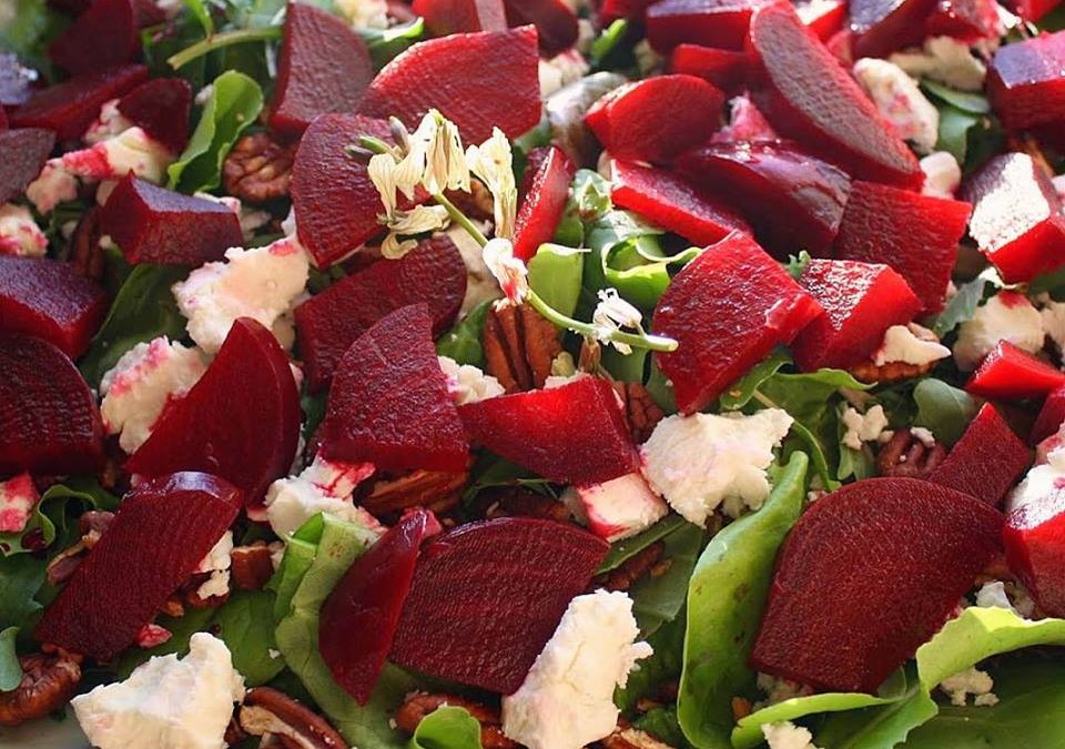 Roasted Beet Salad With Fresh Goat Cheese, Arugula Blossoms and Toasted Pecans