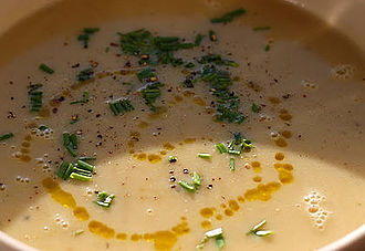 Sweet Summer Corn Bisque with Crispy Fried Shallots and Robust EVOO