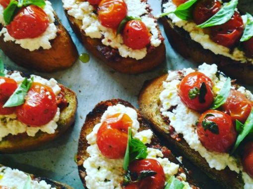Roasted Cherry Tomato Bruschetta with Basil and Ricotta