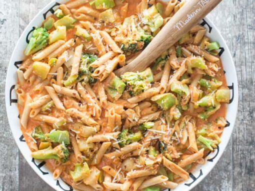 Gluten-Free Vegan Red Lentil Penne with Roasted Garlic And Broccoli In A Creamy Red Pepper Sauce